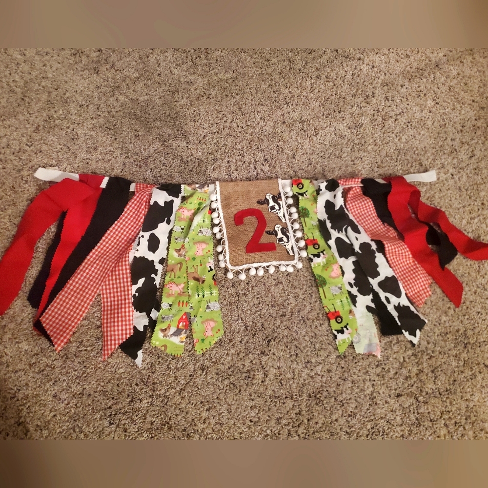 Second Birthday Barnyard Cow Farm Party Highchair Decor & Backdrop Banner Two
